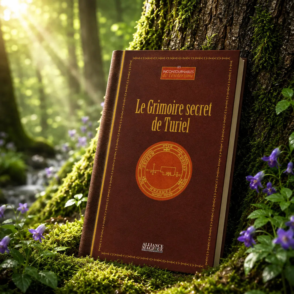 Livre Le Grimoire secret de Turiel sur mousse sacrée au pied d'un arbre, entouré de fleurs violettes sous des rayons de soleil magiques.