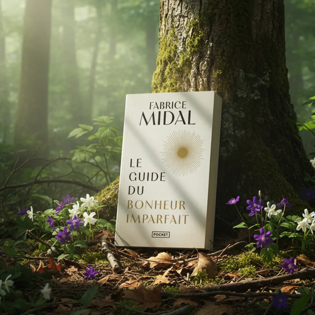 Livre Le Guide du Bonheur Imparfait de Fabrice Midal posé contre un arbre en forêt, baigné de rayons de soleil et entouré de fleurs sauvages.