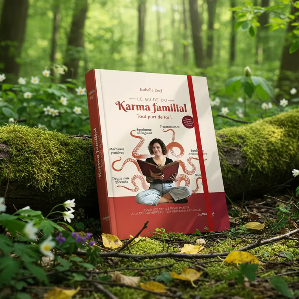 Livre Le Guide du Karma Familial Tout part de Toi ! Isabelle Cerf posé en forêt, couverture montrant une femme méditant avec des tentacules symboliques.