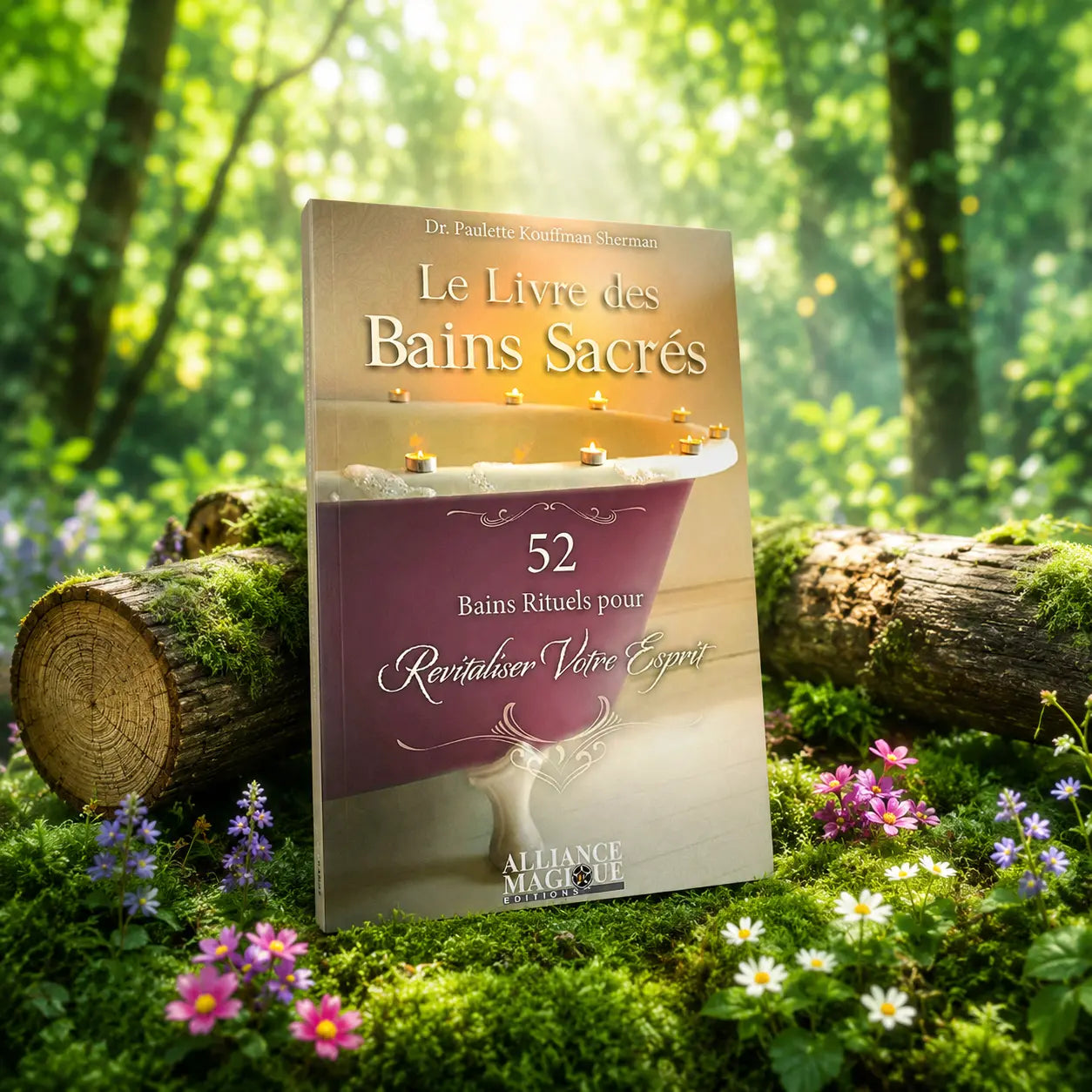 Livre Le Livre Des Bains Sacrés sur mousse sacrée au pied d'un arbre, entouré de fleurs violettes sous des rayons de soleil magiques.