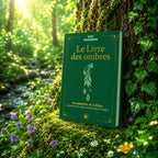 Livre Le Livre des Ombres sur mousse sacrée au pied d'un arbre, entouré de fleurs violettes sous des rayons de soleil magiques.
