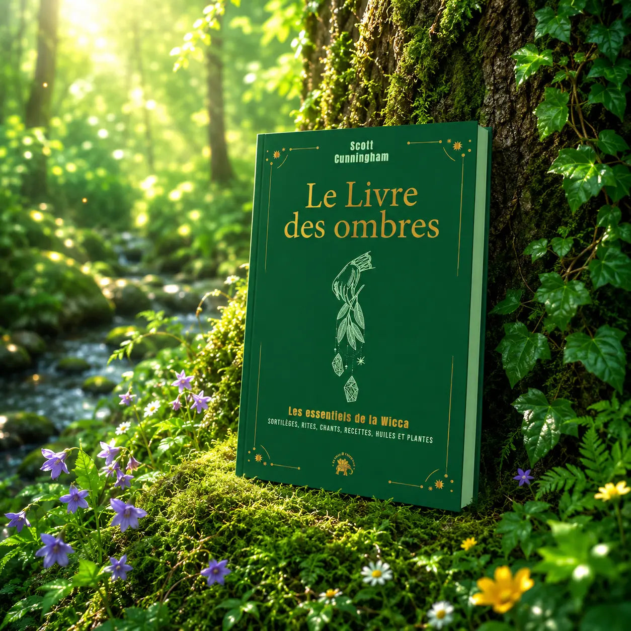 Livre Le Livre des Ombres sur mousse sacrée au pied d'un arbre, entouré de fleurs violettes sous des rayons de soleil magiques.