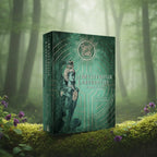 Coffret vert émeraude Le Mystèrieux Labyrinthe d'Anaïs Cetown posé sur une souche, illustré d'une sphinge et de lignes géométriques par Julie Lagarrigue.