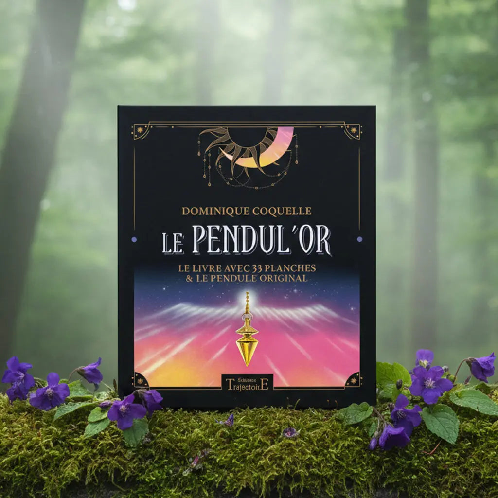 Coffret Noir Le Pendul'Or de Dominique Coquelle posé sur une souche, illustré d'un soleil mystique et d'un pendule en laiton doré.