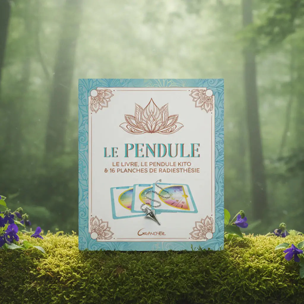 Coffret bleu ciel Coffret Granger Le Pendule de Pierre d'Arzon posé sur une souche, illustré d'un lotus et d'un pendule argenté Kito.