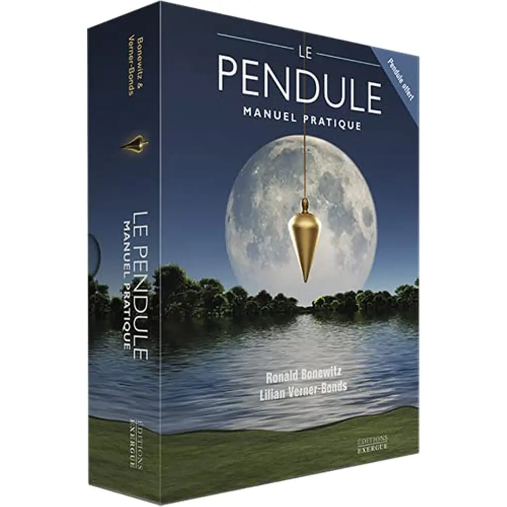 Couverture du coffret « Le Pendule - Manuel Pratique » de Ronald Bonewitz et Lilian Verner-Bonds (Éditions Exergue), illustrée par un pendule doré devant une pleine lune se reflétant sur l'eau.