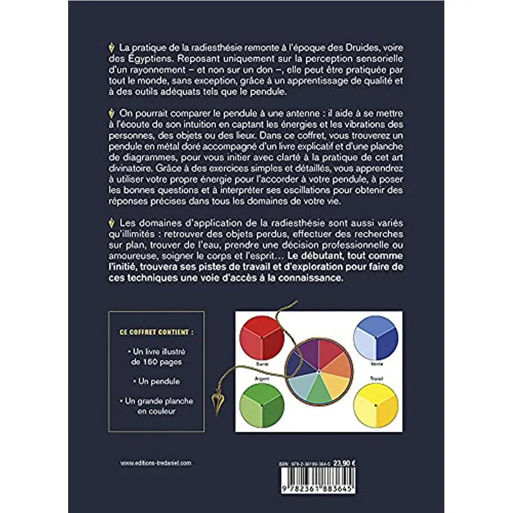Quatrième de couverture du coffret « Le Pendule - Manuel Pratique », présentant un texte sur l'histoire de la radiesthésie et détaillant son contenu : un livre illustré de 160 pages, un pendule et une grande planche en couleur.