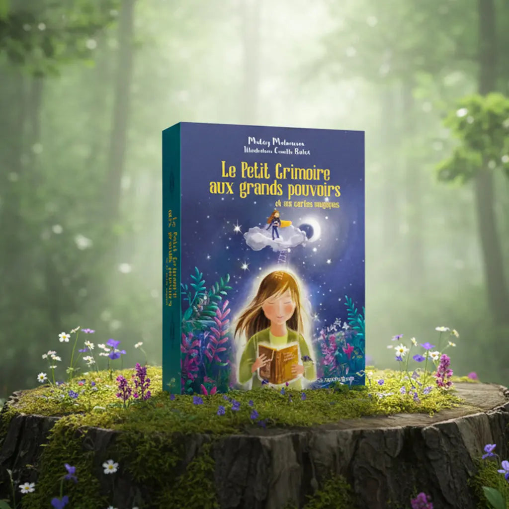 Coffret bleu nuit Le Petit Grimoire aux Grands Pouvoirs de Malory Malmasson posé sur une souche, illustré d'une enfant lisant un livre lumineux sous les étoiles.