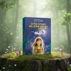 Coffret bleu nuit Le Petit Grimoire aux Grands Pouvoirs de Malory Malmasson posé sur une souche, illustré d'une enfant lisant un livre lumineux sous les étoiles.