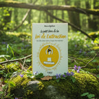 Livre blanc Le Petit Livre de la Loi de l'Attraction de Slavica Bogdanov, illustré d'une silhouette jaune en méditation, posé sur un rocher en forêt.