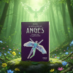 Livre violet Le Petit Livre des Anges de Mily Robin posé sur un rocher moussu en forêt, baigné d'une lumière céleste descendante.
