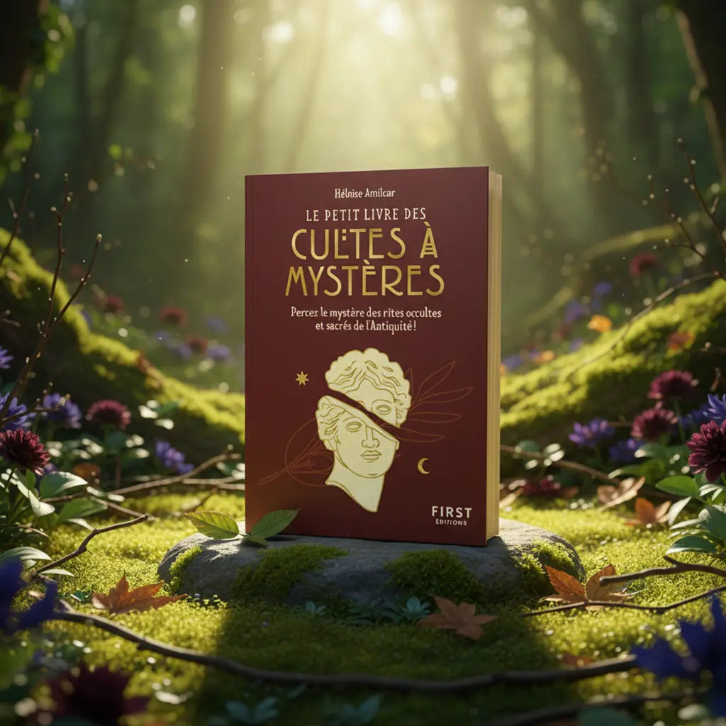 Livre rouge bordeaux Le Petit Livre des Cultes à Mystères de Héloïse Amilcar posé sur un rocher moussu en forêt, orné d'un buste antique doré.