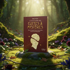 Livre rouge bordeaux Le Petit Livre des Cultes à Mystères de Héloïse Amilcar posé sur un rocher moussu en forêt, orné d'un buste antique doré.