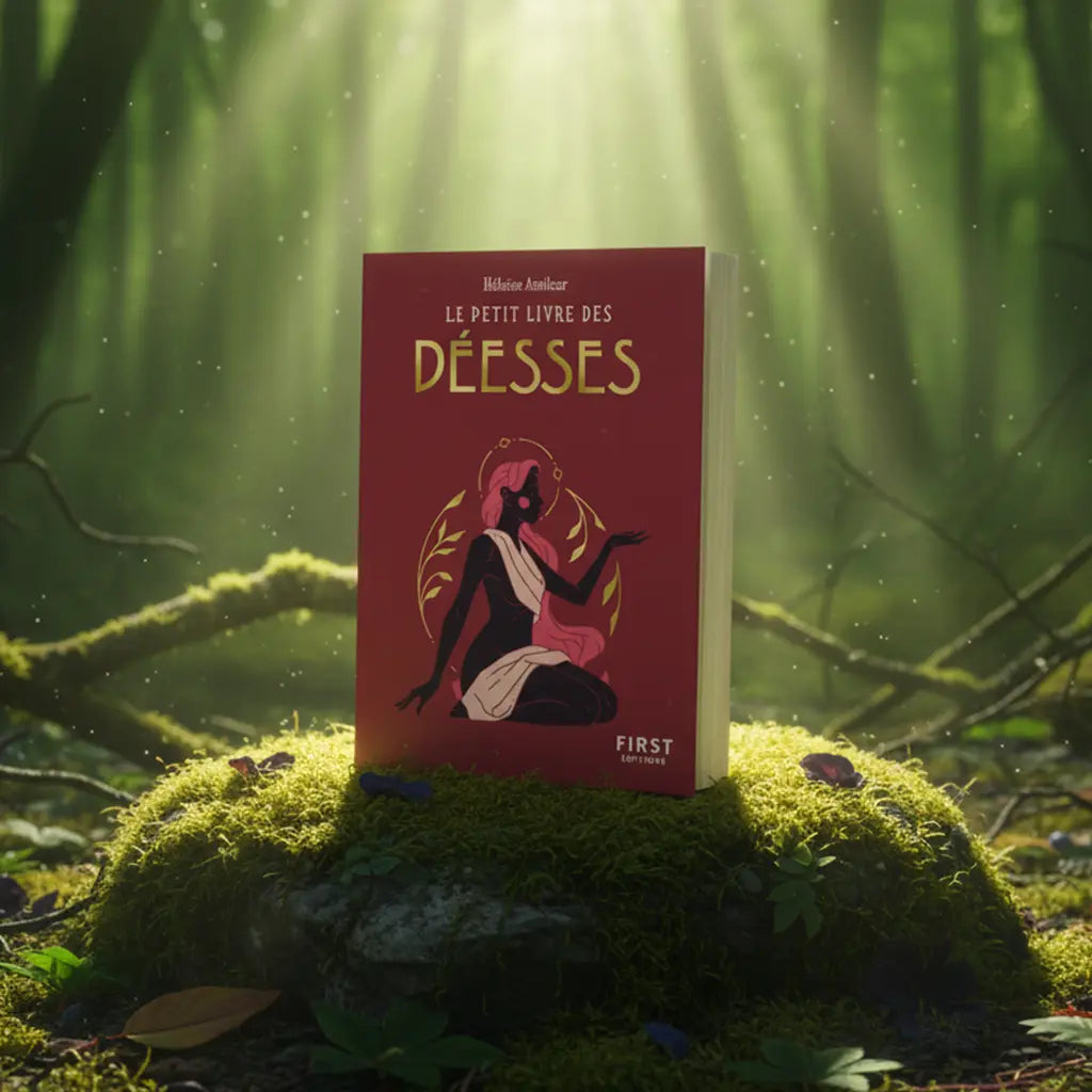Livre rouge Le Petit Livre des Déesses de Héloïse Amilcar posé sur un rocher moussu en forêt, baigné d'une lumière divine traversant les arbres.