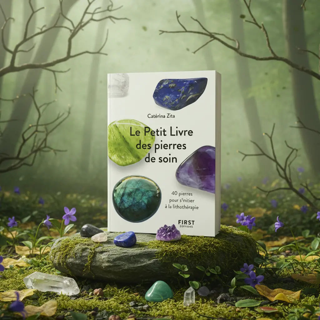 Livre Le Petit Livre des Pierres de Soin - Catérina Zita posé sur un rocher moussu, couverture blanche illustrée de pierres polies vertes et violettes.