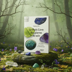 Livre Le Petit Livre des Pierres de Soin - Catérina Zita posé sur un rocher moussu, couverture blanche illustrée de pierres polies vertes et violettes.