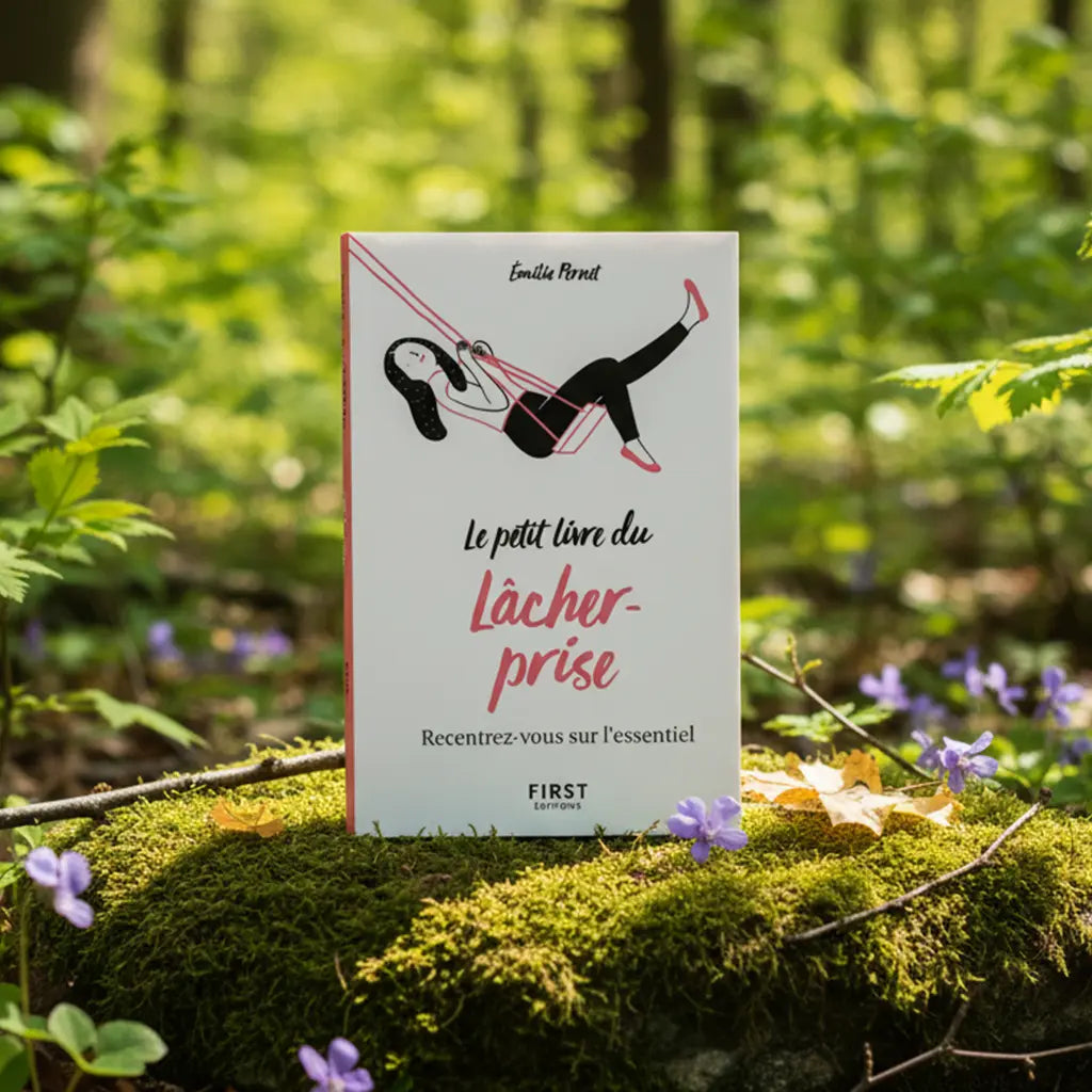 Livre blanc Le Petit Livre du Lâcher Prise d'Emilie Pernet, illustré d'une femme sur une balançoire, posé sur un rocher moussu en forêt.
