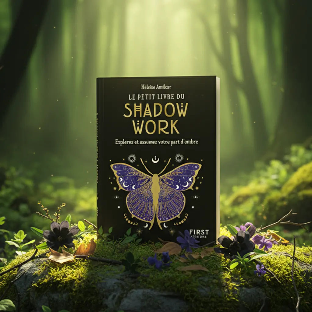 Livre noir Le Petit Livre du Shadow Work de Héloïse Amilcar orné d'un papillon mystique violet et or, posé sur un rocher moussu en forêt.