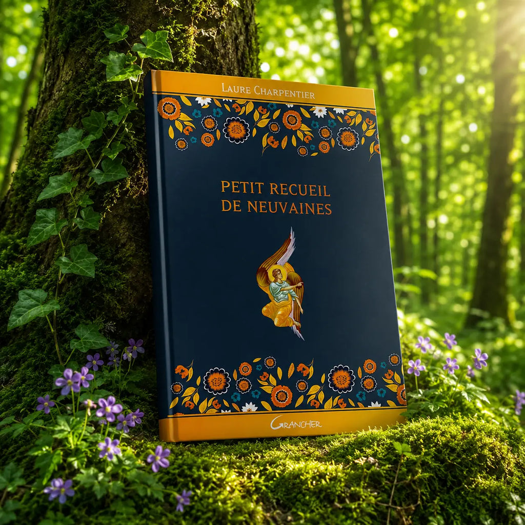 Livre Petit Recueil de Neuvaines - Laure Charpentier sur mousse sacrée au pied d'un arbre, entouré de fleurs violettes sous des rayons de soleil magiques.