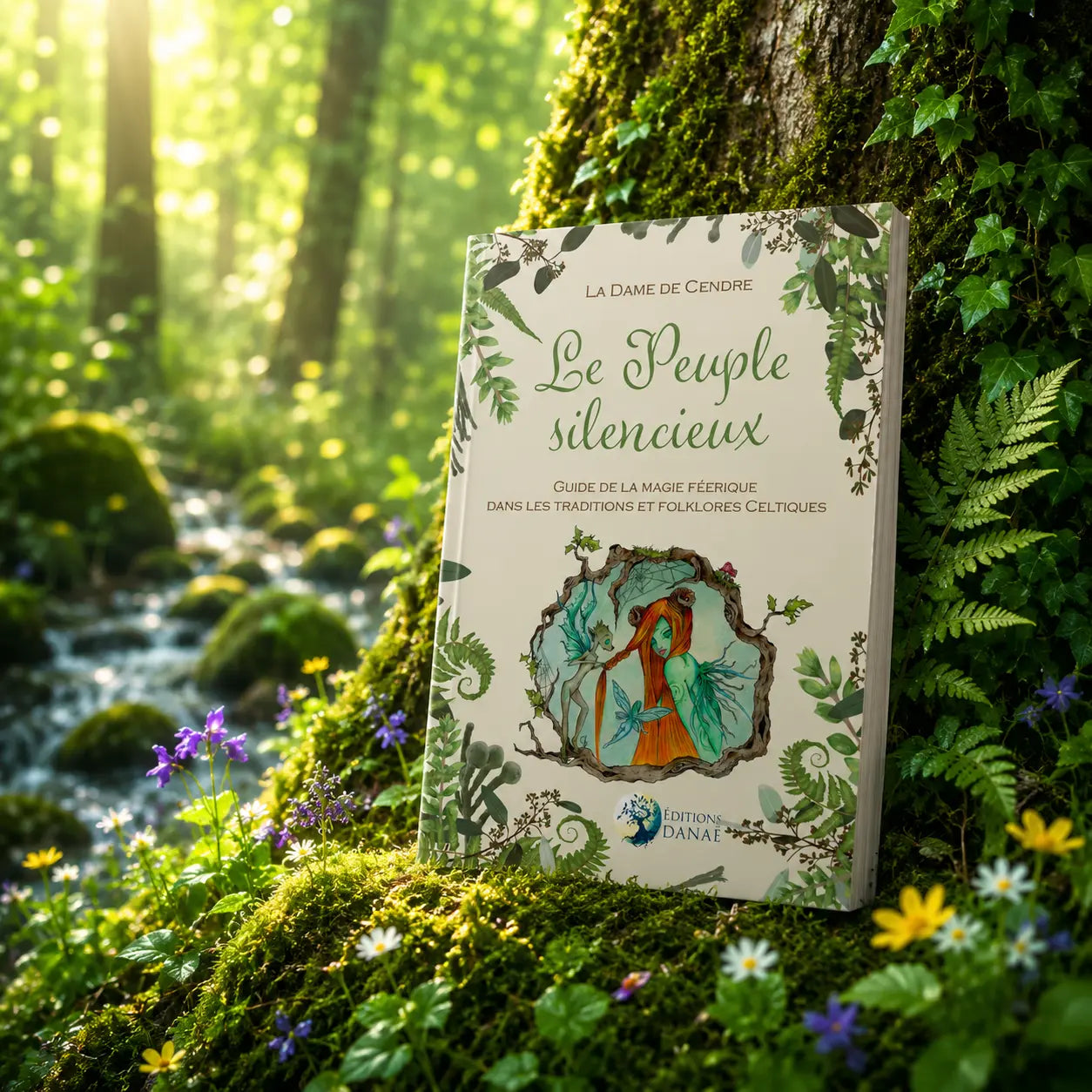 Livre Le Peuple Silencieux sur mousse sacrée au pied d'un arbre, entouré de fleurs violettes sous des rayons de soleil magiques.