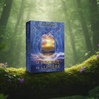 Coffret bleu Le Portail de Lumière de Kyle Gray posé sur une souche, illustré d'une arche lumineuse ouvrant sur un paysage céleste par Jennifer Hawkyard.