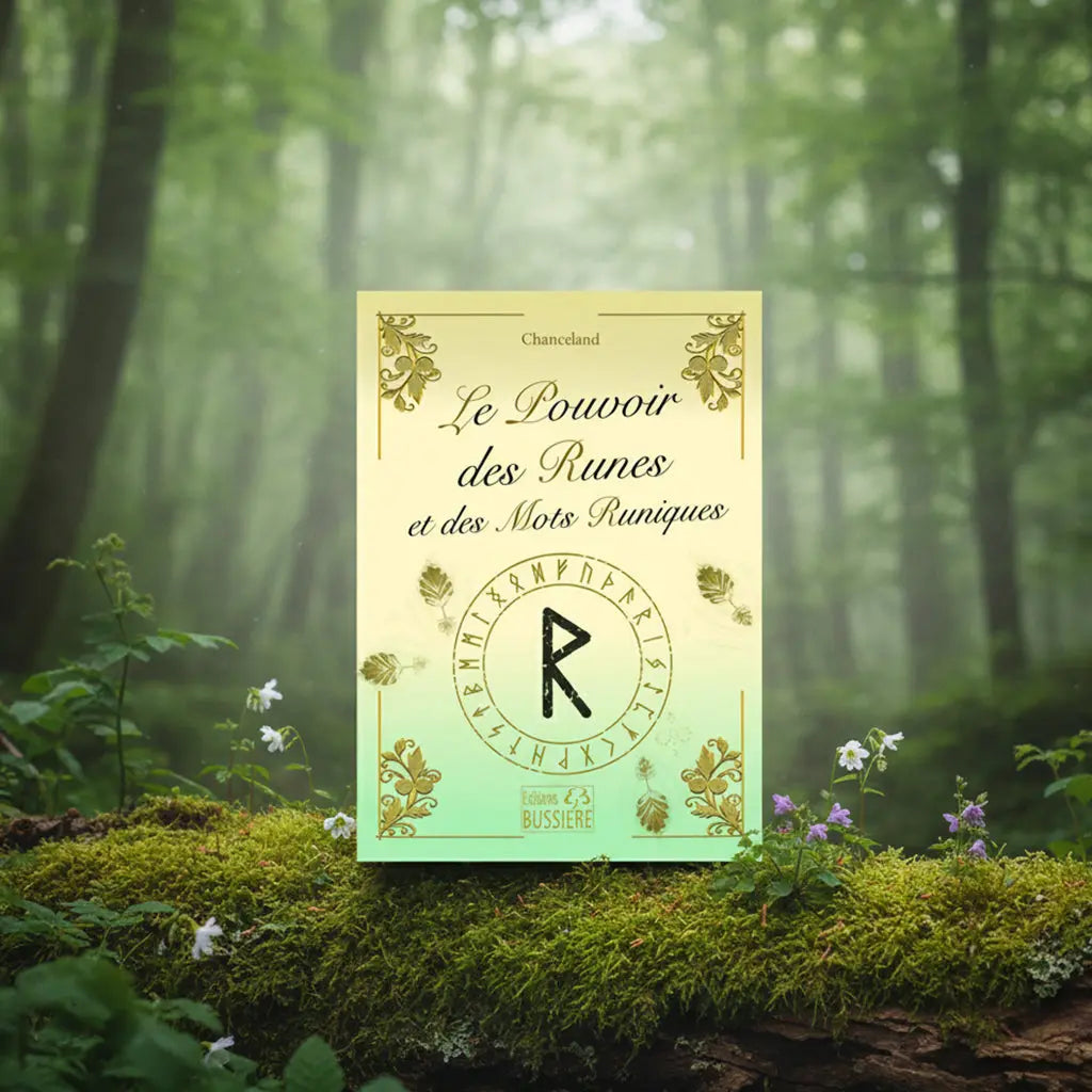 Livre jaune pâle Le Pouvoir des Runes et des Mots Runiques de Chanceland posé sur une souche, orné d'une roue runique et d'une rune centrale noire.