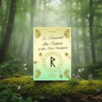 Livre jaune pâle Le Pouvoir des Runes et des Mots Runiques de Chanceland posé sur une souche, orné d'une roue runique et d'une rune centrale noire.