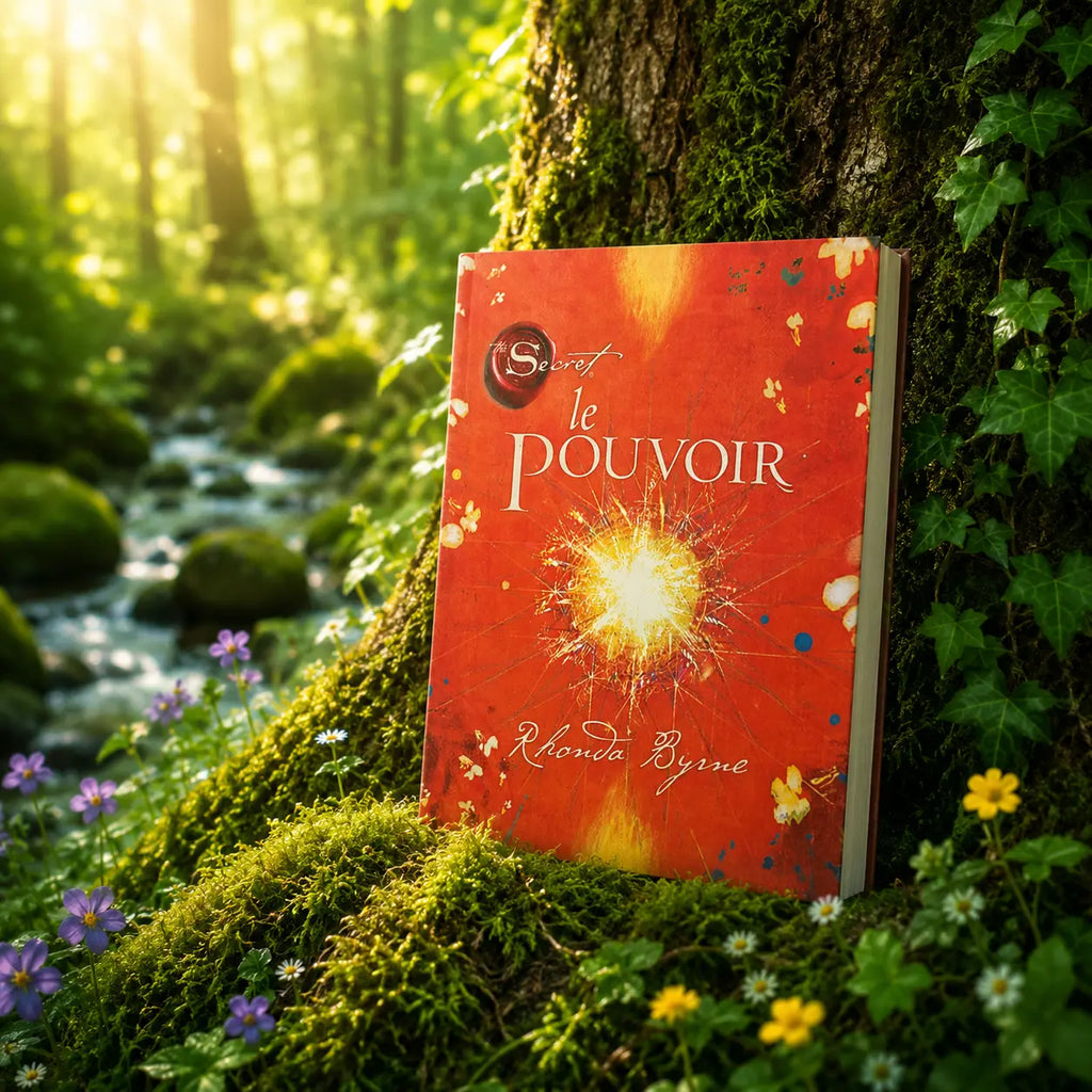 Livre Le Pouvoir sur mousse sacrée au pied d'un arbre, entouré de fleurs violettes sous des rayons de soleil magiques.