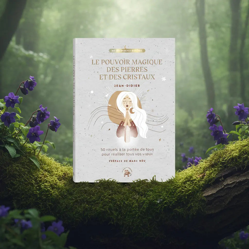 Livre clair Le Pouvoir Magique des Pierres et des Cristaux de Jean-Didier posé sur une branche moussue, illustré d'une femme tenant un cristal lumineux sous un astre doré.
