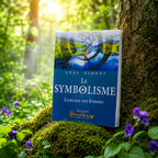 Livre Le Symbolisme - Langage des Formes sur mousse sacrée au pied d'un arbre, entouré de fleurs violettes sous des rayons de soleil magiques.