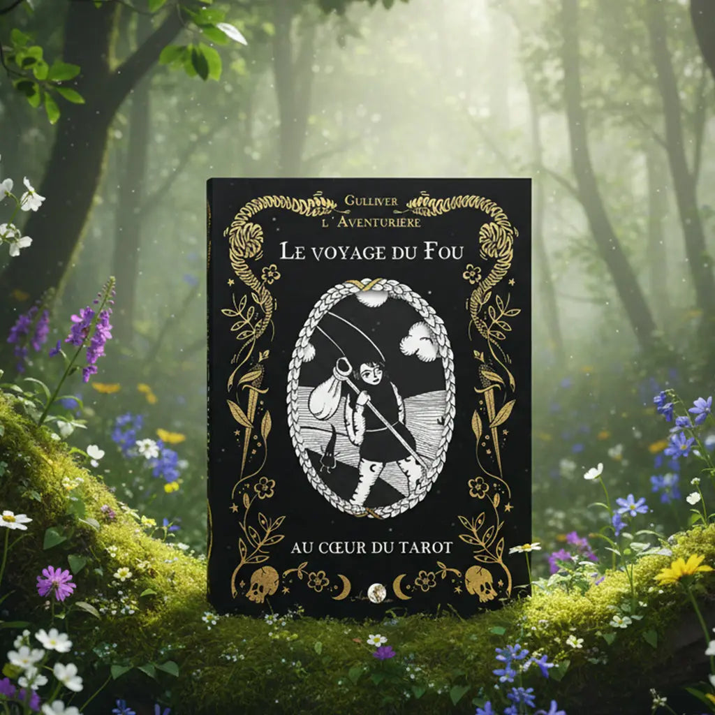 Livre noir et or Le voyage du fou - Au coeur du tarot de Gulliver l'Aventurière posé sur une souche, illustré du Mat dans un médaillon entouré de serpents et de crânes.