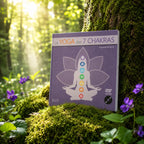 Livre Le Yoga des 7 Chakras - Huguette Declercq sur mousse sacrée au pied d'un arbre, entouré de fleurs violettes sous des rayons de soleil magiques.