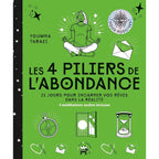 Les 4 piliers de l'abondance de Youmna Tarazi, illustré par une silhouette en méditation entourée d'icônes symboliques (boussole, sablier, enveloppe), sur une couverture vert vif.