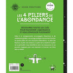 Les 4 piliers de l'abondance de Youmna Tarazi, illustré par sa quatrième de couverture présentant le résumé textuel des 21 enseignements sur fond vert vif, accompagné d'une illustration d'un personnage aux bras ouverts.