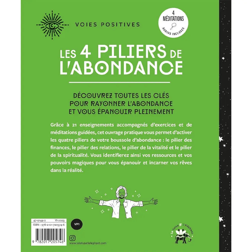 Les 4 piliers de l'abondance de Youmna Tarazi, illustré par sa quatrième de couverture présentant le résumé textuel des 21 enseignements sur fond vert vif, accompagné d'une illustration d'un personnage aux bras ouverts.