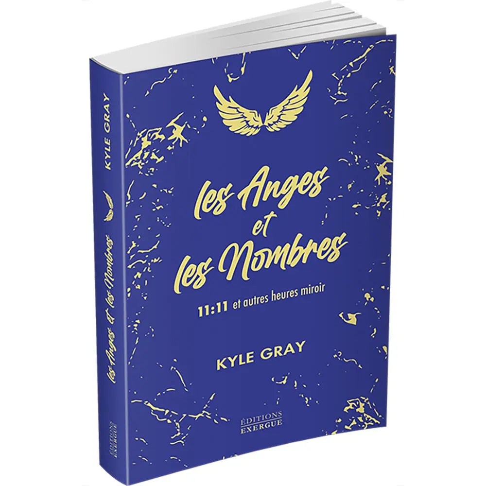Les Anges et les Nombres de Kyle Gray, illustré par une paire d'ailes d'ange dorées au-dessus du titre, sur une couverture bleue marbrée de reflets dorés.