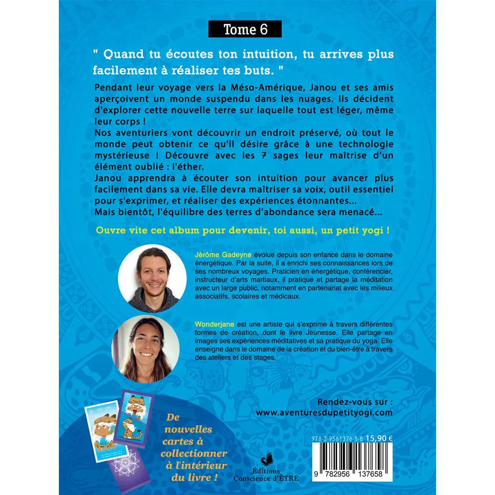 Les Aventures du petit yogi (Tome 6), sa quatrième de couverture présentant l'intrigue en Méso-Amérique sur fond texturé bleu vif.