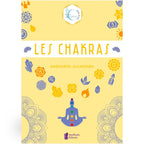 Les Chakras de Margarita Alcantara, sa couverture illustrant une silhouette en méditation surmontée de divers symboles spirituels sur fond jaune.
