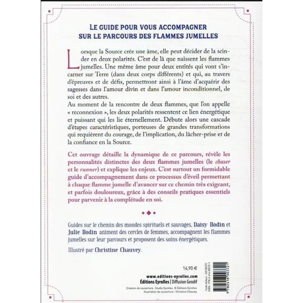 Les Flammes Jumelles en route vers soi de Daisy et Julie Bodin, sa quatrième de couverture présentant la présentation du guide sur fond blanc encadré d'un fin liseré.