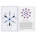 Les Mandalas de Cristaux de Ethan Lazzerini, une double page intérieure de l'ouvrage révélant la photographie d'une grille de cristaux sombres et bleutés à gauche, et son schéma explicatif numéroté intitulé "Mandala de cristaux pour se libérer du karma" à droite.