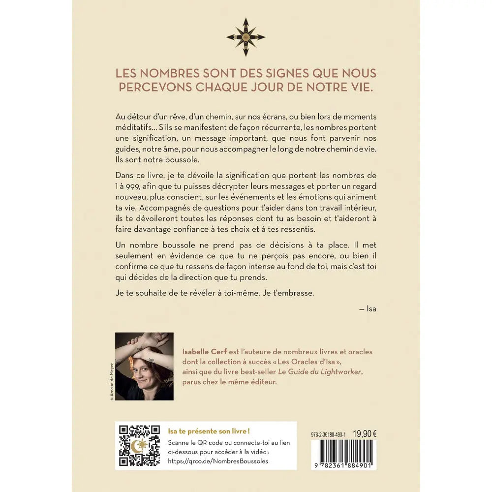 Les Nombres Boussoles de Isabelle Cerf, sa quatrième de couverture présentant une introduction à la signification des nombres et le résumé du livre sur un fond crème épuré, surmontée d'une petite rose des vents noire et complétée en bas à gauche par la photographie de l'auteure.