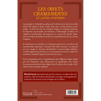 Les Objets Chamaniques et leurs Pouvoirs de Muriel Levet, sa quatrième de couverture présentant le résumé détaillé de l'ouvrage sur les traditions chamaniques du monde entier, sur un fond marron ou terre cuite encadré de frises géométriques ethniques.