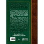 La quatrième de couverture du livre montre le résumé sur fond vert avec bordure dorée, un code-barres et une section marron imitation cuir.