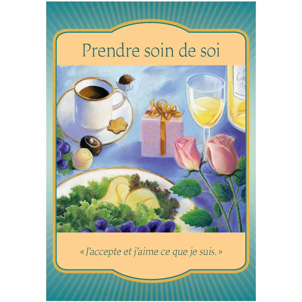 Carte oracle « Prendre soin de soi » illustrant une table avec café, chocolats, raisins, salade, verre de boisson et roses, avec la citation « J’accepte et j’aime ce que je suis. ».