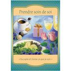 Carte oracle « Prendre soin de soi » illustrant une table avec café, chocolats, raisins, salade, verre de boisson et roses, avec la citation « J’accepte et j’aime ce que je suis. ».