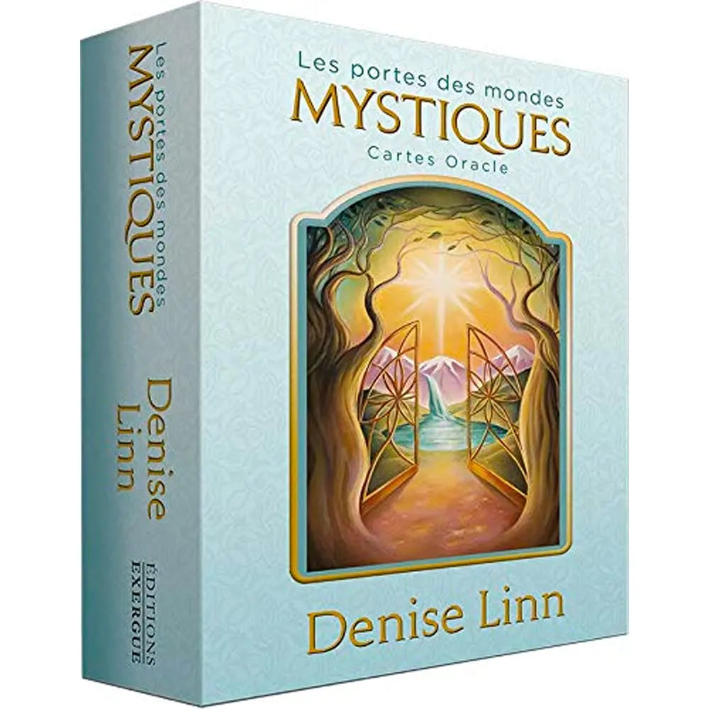 Coffret d’oracle « Les portes des mondes mystiques » (Denise Linn), boîte bleu clair avec illustration de portes ouvertes sur un paysage lumineux, vu en perspective avec tranche visible.
