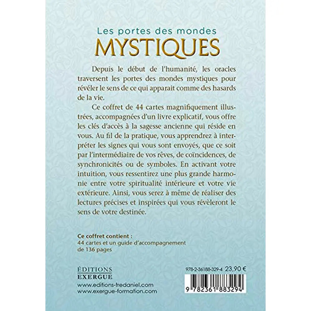 Quatrième de couverture du coffret « Les portes des mondes mystiques » sur fond bleu clair, avec texte de présentation, mention « 44 cartes et un guide d’accompagnement », logo Éditions Exergue et code-barres.