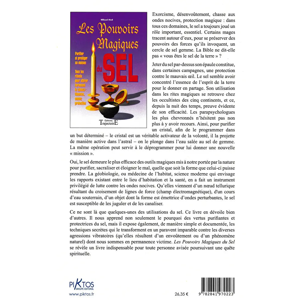 Les Pouvoirs Magiques du Sel de Mikael Hod, sa quatrième de couverture présentant le résumé sur fond blanc accompagné d'une miniature de la couverture en haut à gauche.