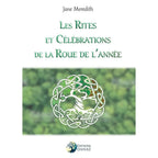 Les Rites et Célébrations de la Roue de l'année de Jane Meredith, sa quatrième de couverture épurée sur fond blanc présentant un médaillon central vert flouté orné d'un arbre de vie celtique entrelacé.