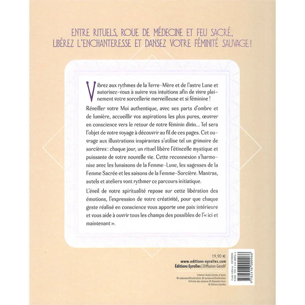Les Rituels d'Éveil de la Femme Sacrée de Daisy Bodin et Julie Bodin, sa quatrième de couverture présentant l'introduction et le résumé de ce grimoire d'initiation dans un encadré blanc central aux bordures mauves, sur un fond beige doux.